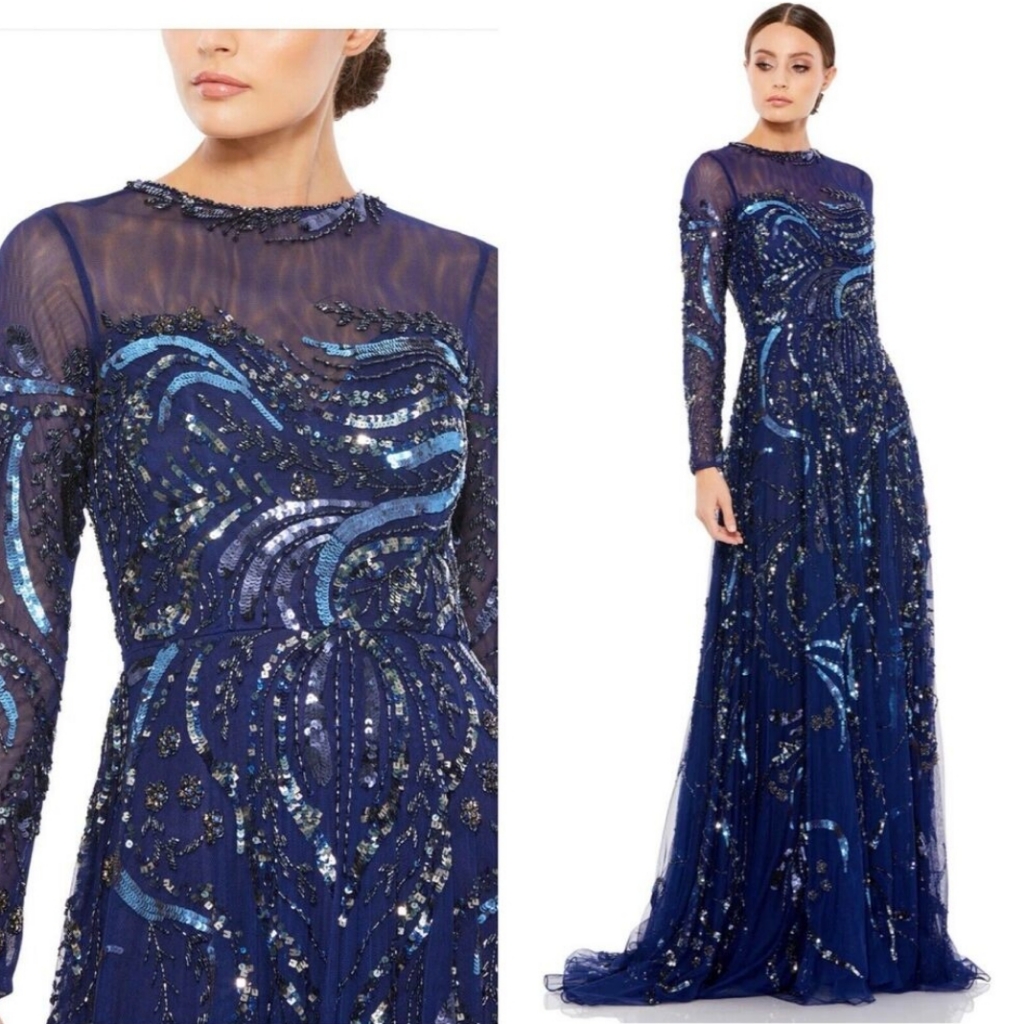 Mac Duggal Size 12 Blue Longsleeve Illusion Beaded Navy Midnight 5217 Maxi Dress